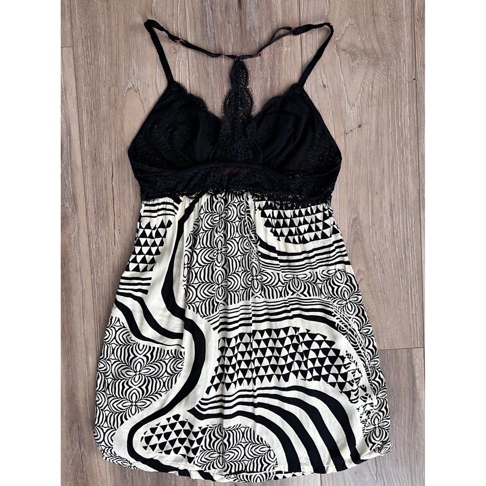 Josie Natori Black Babydoll Lace Geometric Print Chemise Racerback Retro Sultry